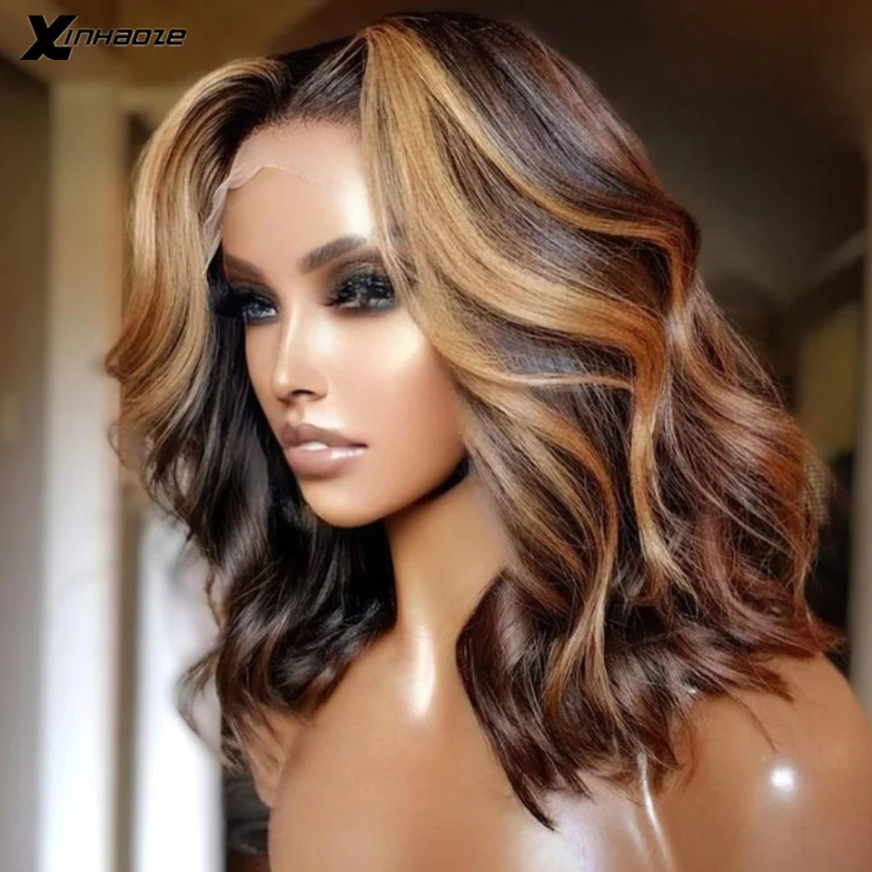 Ombre Dark Brown & 99J Burgundy Highlight Bob | Sophisticated Body Wave Brazilian Virgin Hair | Elegant 13x4 HD Transparent Lace Frontal | "Dignified" Short Remy Hair Wig with Blonde Accents
