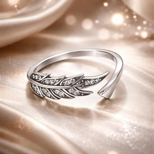 Anillo de Hoja de Plata Fina 925 con Circonita Cúbica Engastada en Pavé para Mujer