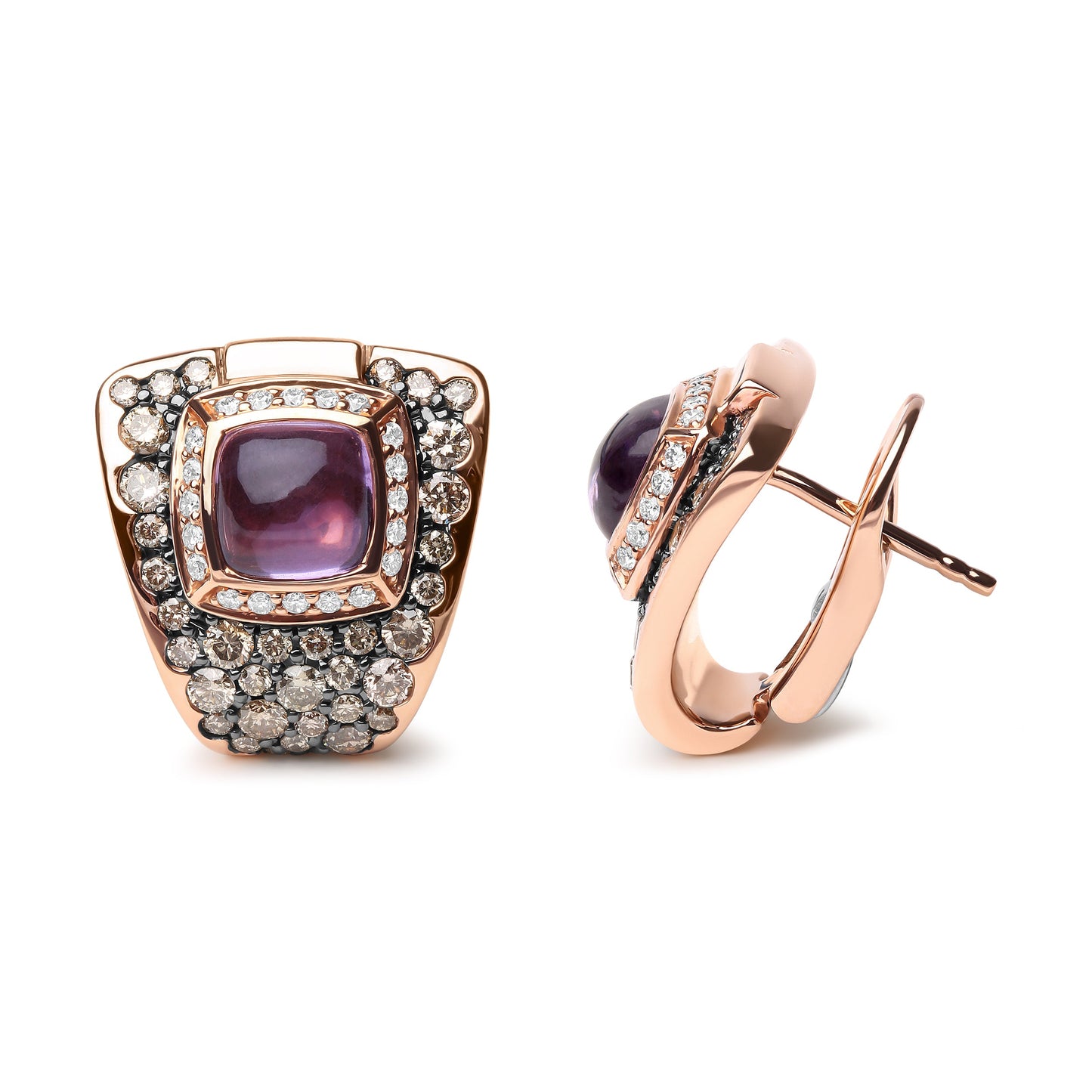 Pendientes de Botón con Diseño Geométrico de Oro Rosa de 18K con Diamantes Redondos de 1 1/2 Cttw y Amatista Púrpura de Talla Cojín de 7 mm (Color Marrón y G-H, Claridad SI1-SI2)