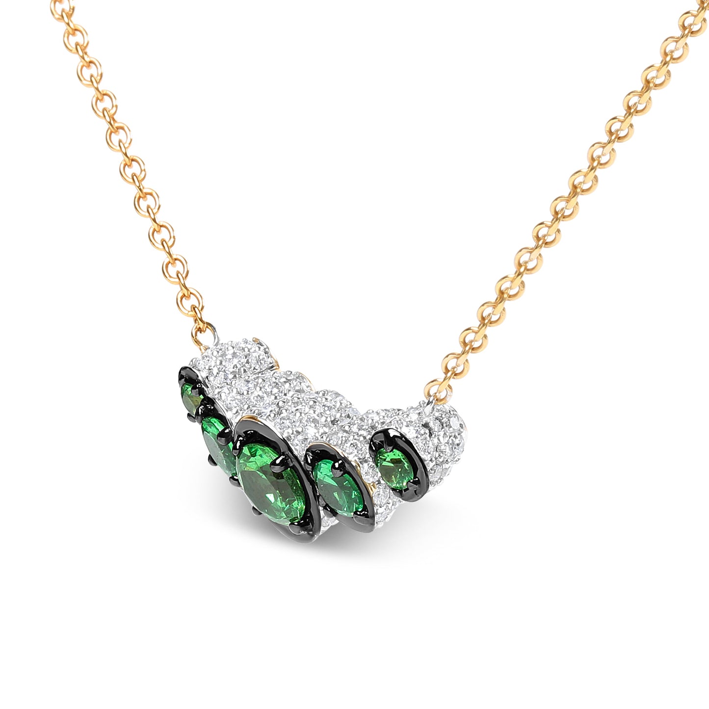 Gargantilla de oro rosa de 18K con pavé de diamantes de 0,75 quilates y tsavoritas verdes en degradé en barra curva (color G-H, claridad SI1-SI2) - Ajustable de 14" a 16,5"