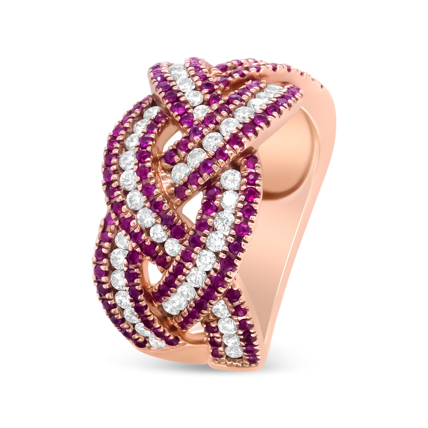 Anillo de banda trenzada de oro rosa de 18 quilates con rubí rojo y diamantes de 7/8 quilates (color F-G, claridad VS1-VS2) - Talla de anillo 7
