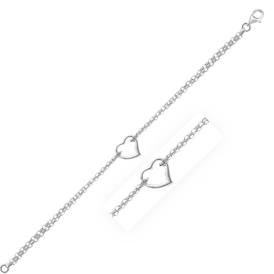 Tobillera de cadena de cable de oro blanco de 14k con estación de corazón abierto