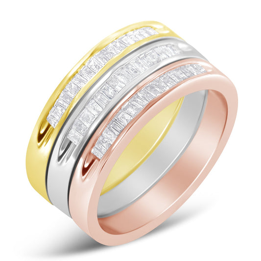 Anillo de banda apilable con engaste de canal de diamantes de 5/8 qt. en oro amarillo, blanco y rosa de 10 qt. sobre plata de ley .925 (color H-I, claridad I1-I2) - Talla 6 3/4