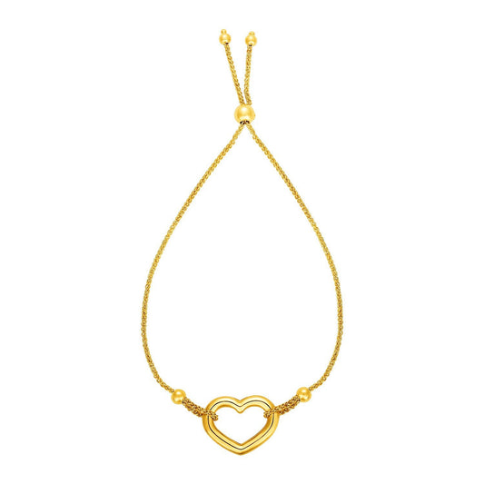 Pulsera Ajustable con Corazón Calado Brillante en Oro Amarillo de 14k