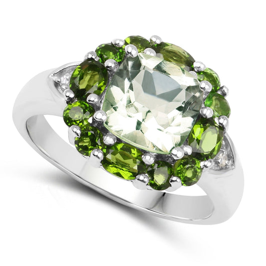 Anillo de plata de ley .925 con amatista verde genuina de 3.49 quilates, diópsido de cromo y topacio blanco