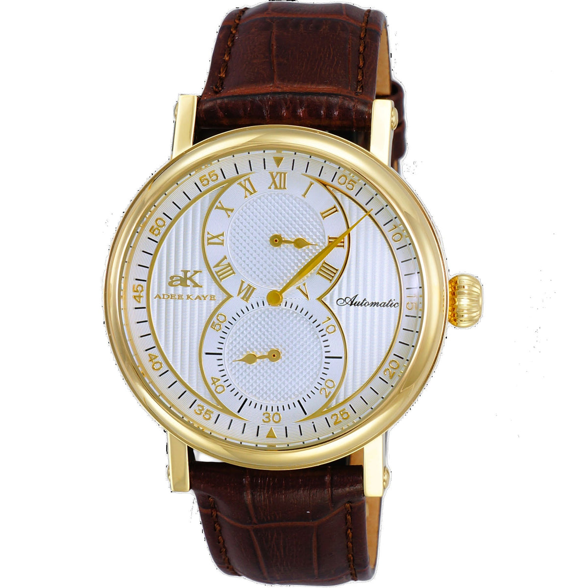 Adee Kaye Men's Mondo Watch 43mm Silver Dial Gold Leather Strap