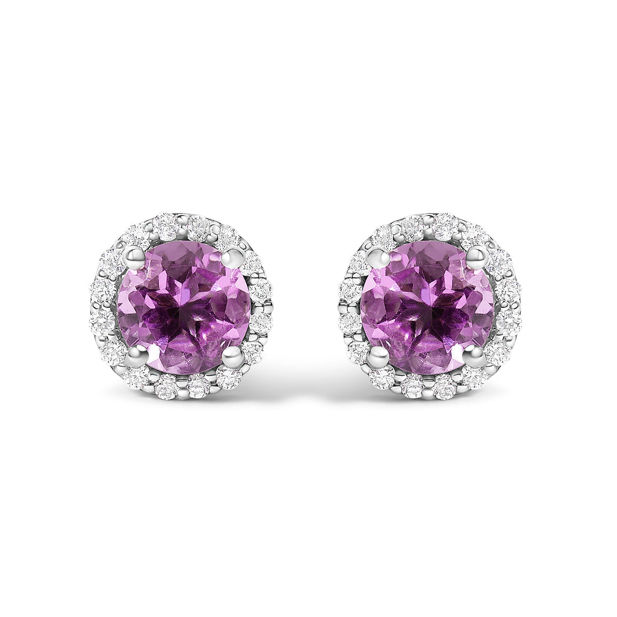 Juego de Joyas de Oro Blanco de 10K con Amatista Morada y Diamantes de 3/8 Cttw en Halo (Pendientes, Colgante y Anillo)