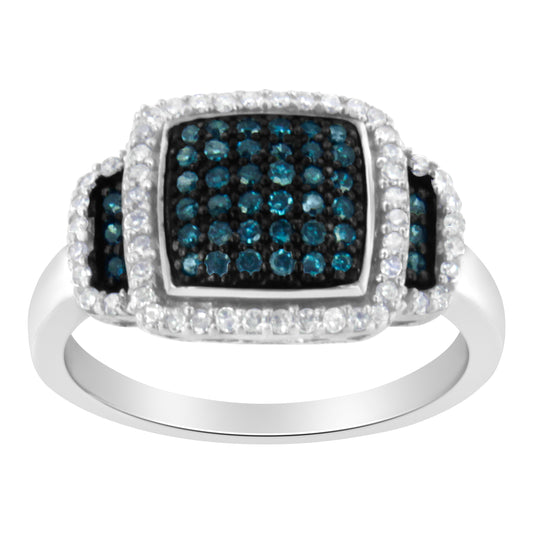 Anillo de cóctel con halo cuadrado de diamantes blancos y azules de 1/2 quilates de plata de ley .925 chapada en rodio negro (azul elegante y color H-I, claridad I2-I3) - Talla 6