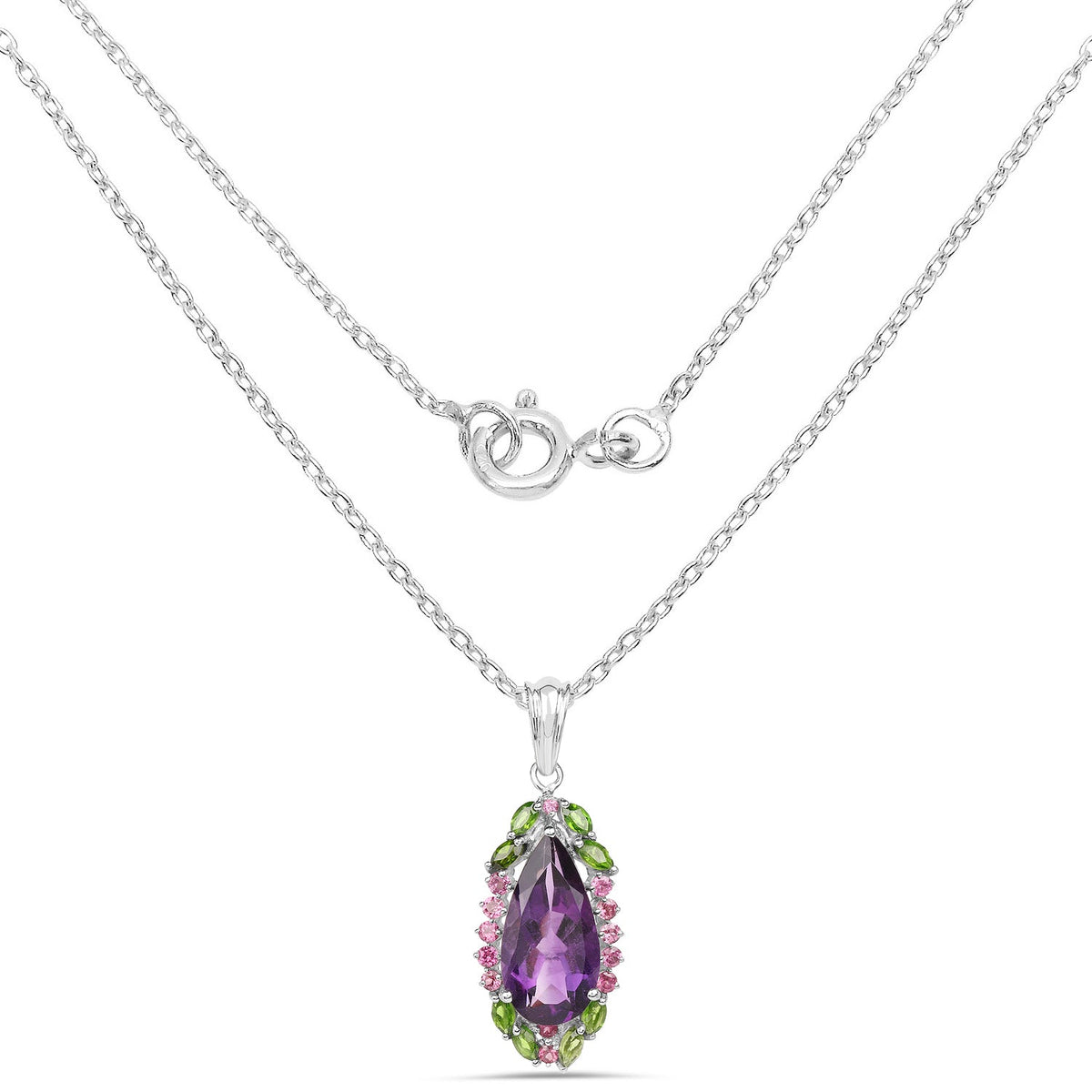 6.22 Carat Genuine Amethyst, Chrome Diopside and Rhodolite .925 Sterling Silver Pendant