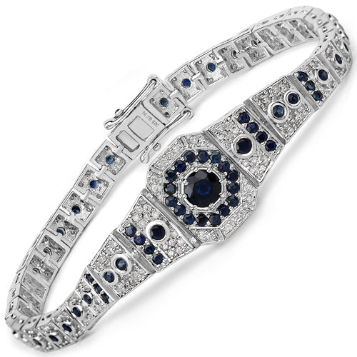 Pulsera de 3.79 quilates de zafiro azul genuino y diamante blanco de plata de ley .925