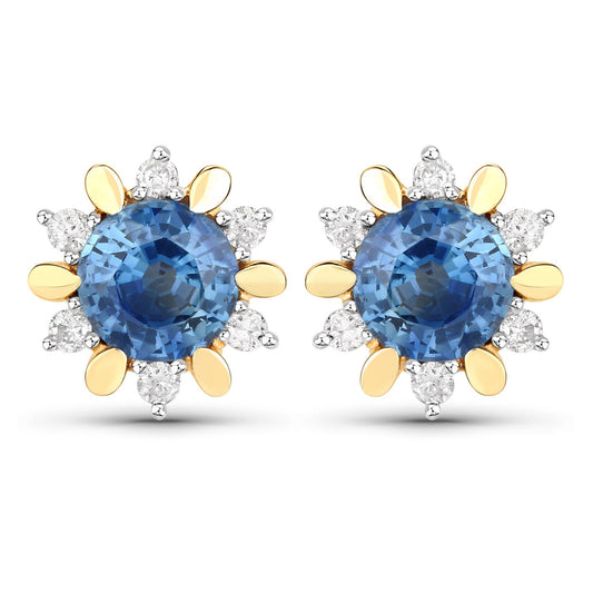 Pendientes de oro amarillo de 14 quilates con zafiro azul genuino de 1,87 quilates y diamantes blancos