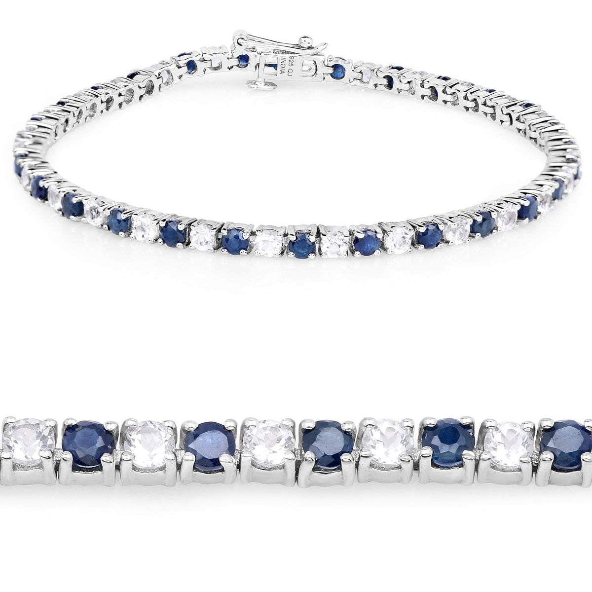 Brazalete de zafiro azul y topacio blanco de 6.87 ct. p.t. en plata de ley