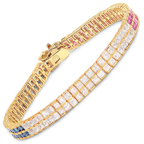 Pulsera de Plata Esterlina .925 con Zafiro Azul Genuino de 9.52 Quilates y Zafiros Blancos, Enchapada en Oro Amarillo de 14K