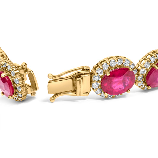 Pulsera de eslabones de oro amarillo de 14 quilates con halo de rubí rojo ovalado de 34,0 Cttw y diamantes de 6 2/5 Cttw (color I-J, claridad SI1-SI2) - 7,25 pulgadas