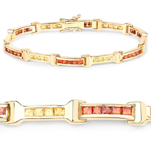 Pulsera de plata de ley .925 con zafiro naranja genuino de 6,48 quilates y zafiro amarillo