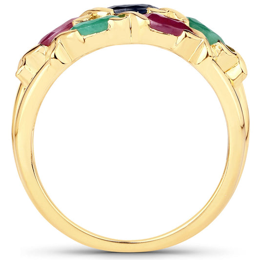 Anillo de plata de ley .925 con rubí, zafiro azul y esmeralda auténticos de 1,63 quilates