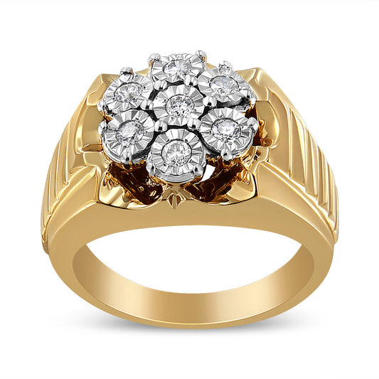 Anillo de racimo floral de diamante con engaste milagroso de 1/3 quilates (color I-J, claridad I1-I2) de plata esterlina .925 chapada en oro amarillo de 14K para hombre - Talla 10