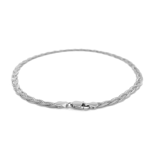 Tobillera de cola de zorro trenzada de oro blanco de 14k y 3,5 mm