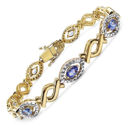 Pulsera de plata de ley 925 bañada en oro amarillo de 14 quilates con tanzanita genuina de 3,08 quilates