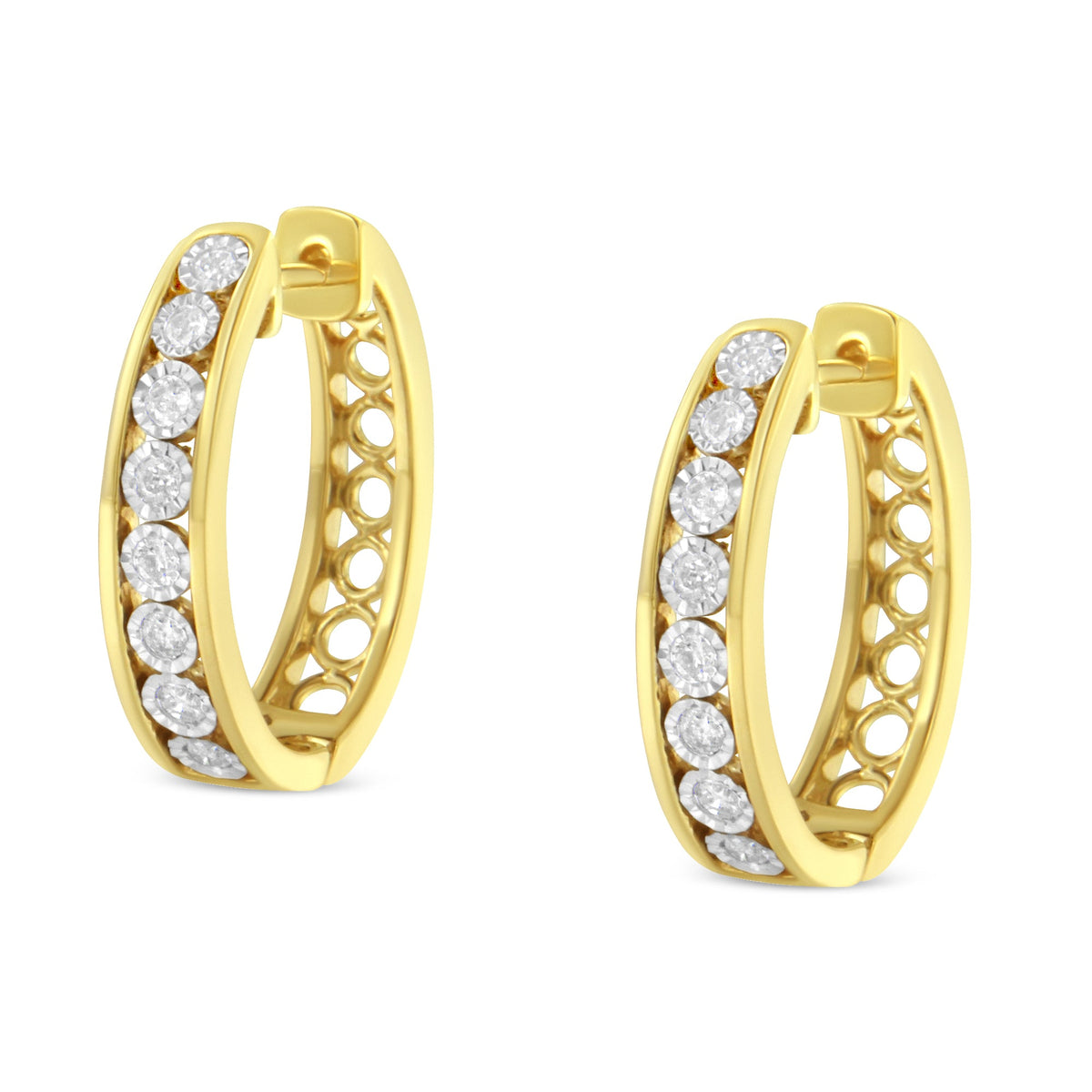 Pendientes de aro de oro blanco y amarillo de 10 quilates con diamantes (1/2 quilate en total, color J-K, claridad I2-I3)