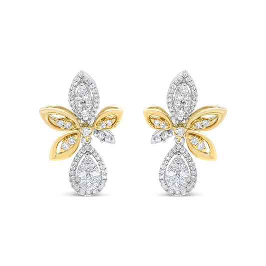 14K White and Yellow Gold 1.00 Cttw Round Pave-Set Diamond Teardrop and Marquise Shape Drop Dangle - view 2