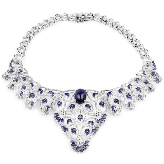 Collar de plata de ley .925 con zafiro natural con relleno de vidrio de 40.93 quilates y diamantes blancos