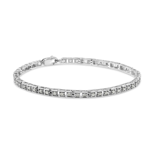 Brazalete de tenis de 7" de plata de ley 925 con eslabones cuadrados híbridos y diamantes de 1,0 Cttw (color I-J, claridad I2-I3)