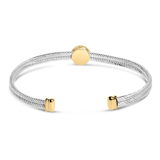 Brazalete de oro amarillo de 18K con baño de plata esterlina .925 con detalles de diamante y medallón de flor de lis (color I-J, claridad SI1-SI2) - 7.25 pulgadas