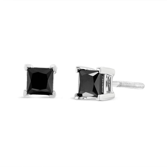 Pendientes de tuerca clásicos de plata de ley 925 con diamantes negros de corte princesa de 4,00 quilates y 4 puntas, con cierre de rosca.