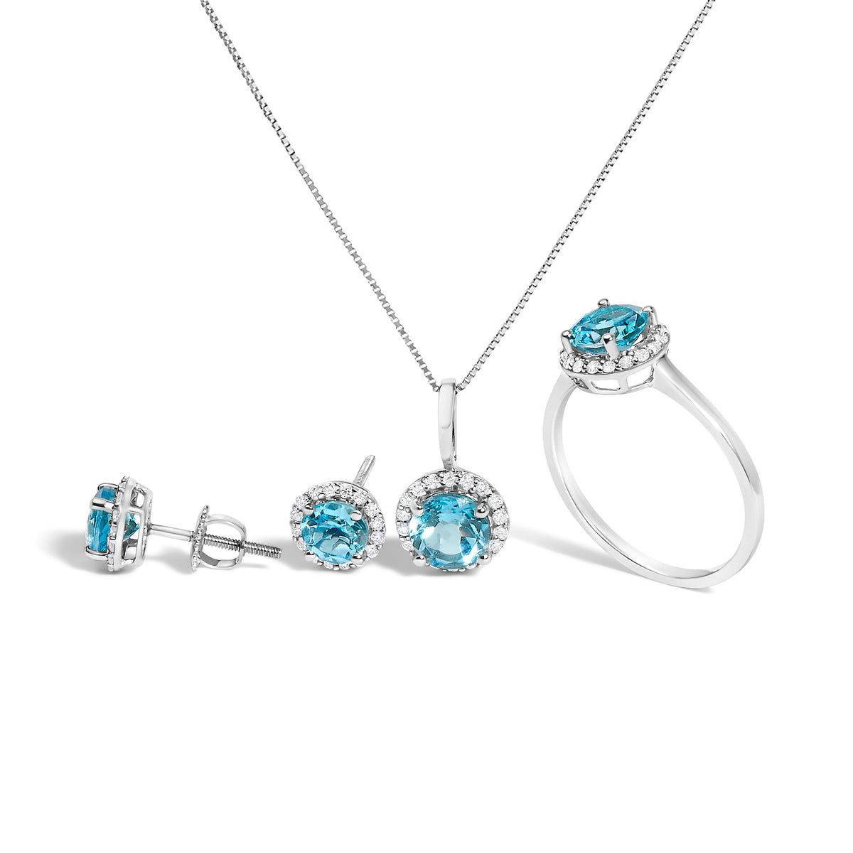 Juego de Joyas de Oro Blanco de 10K con Amatista Morada y Diamantes de 3/8 Cttw en Halo (Pendientes, Colgante y Anillo)