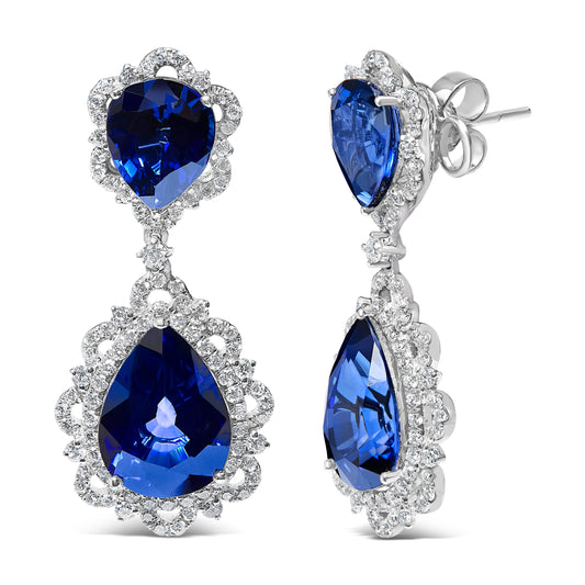 Pendientes colgantes de oro blanco de 18K con zafiro azul y diamantes de 2,00 Cttw con halo de diamantes (color G-H, claridad SI1-SI2)