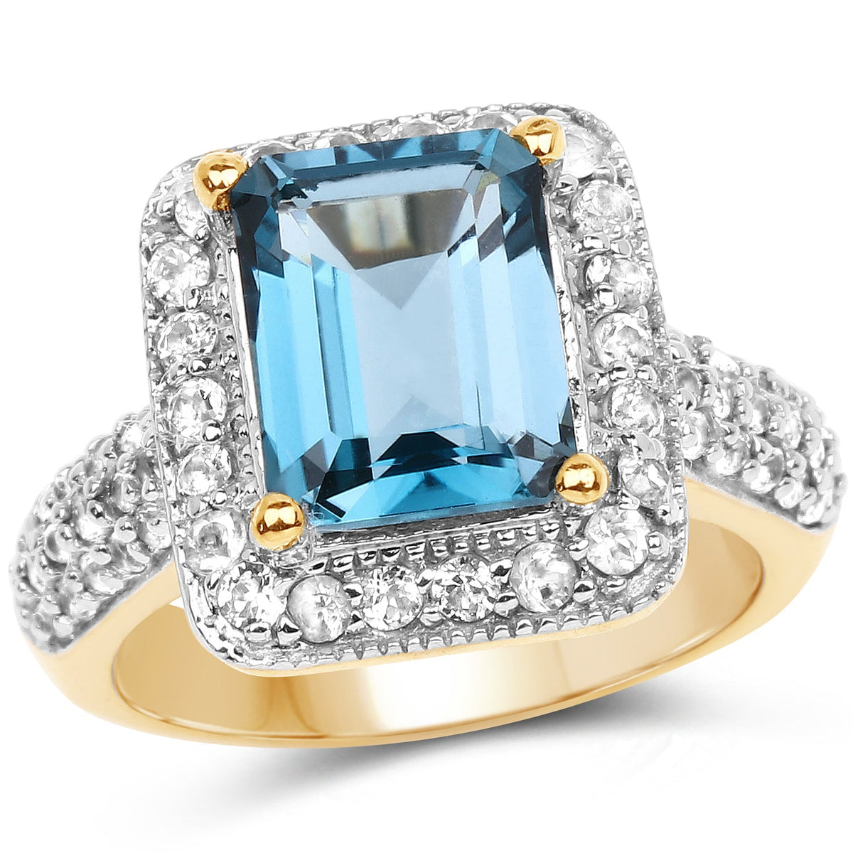 Anillo de plata de ley .925 con topacio azul de Londres genuino de 5,03 quilates y topacio blanco, chapado en oro amarillo de 14 quilates