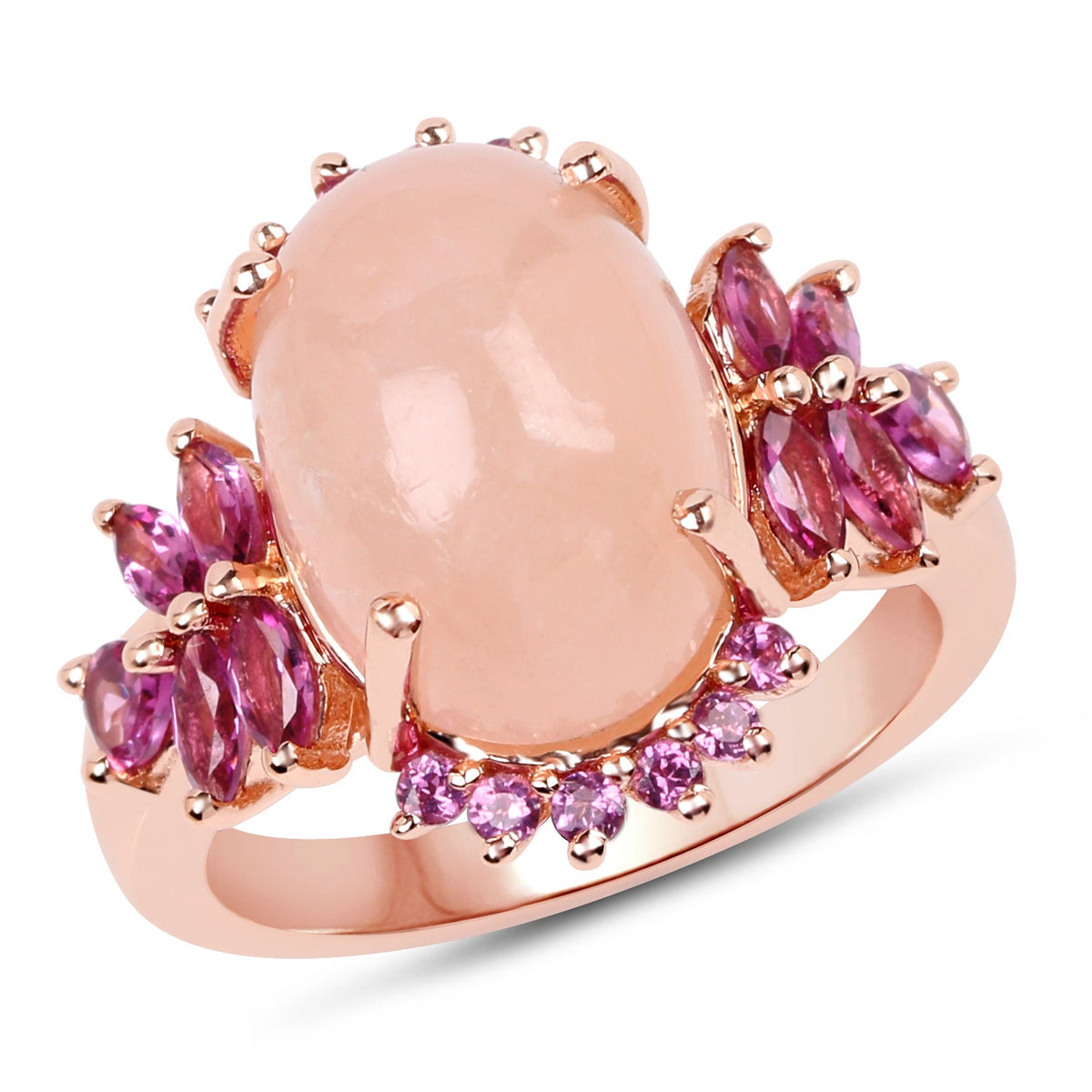 Anillo de plata de ley .925 chapado en oro rosa de 14K con morganita genuina de 9.13 quilates y rodolita