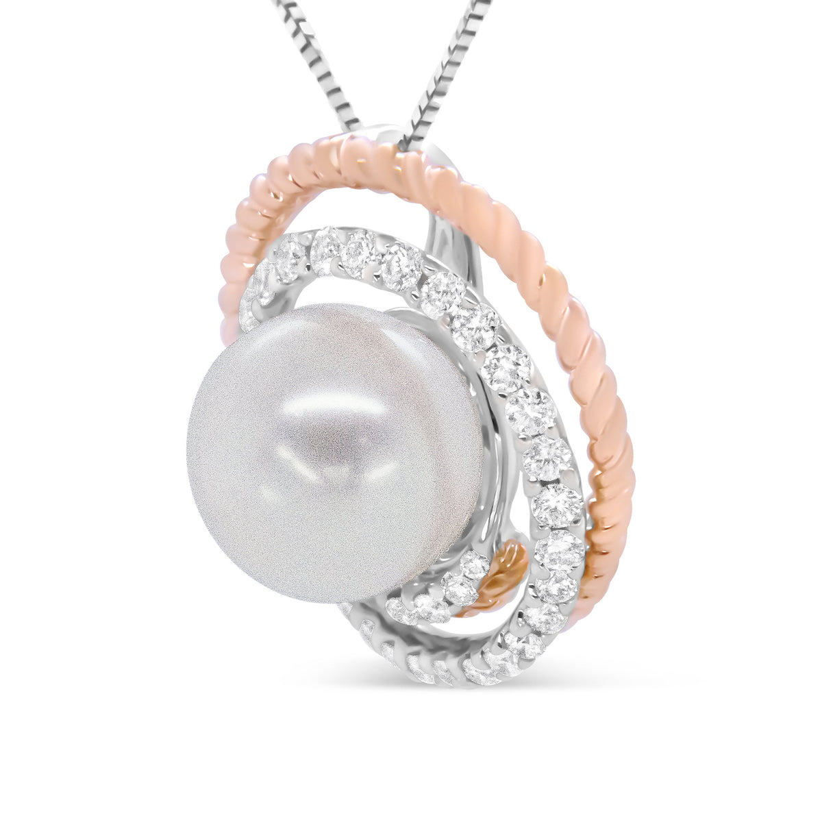 Collar con colgante en oro rosa y blanco de 14K con diamantes pavé de 3/8 Cttw y perla redonda de 9mm con espiral calada de 18" - (Color H-I, Claridad VS1-VS2)