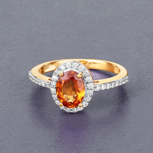 Anillo de oro amarillo de 14K con granate espessartita auténtico de 1.66 quilates y diamantes blancos