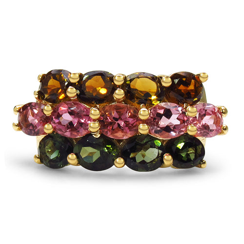 Anillo de plata de ley .925 con baño de oro amarillo de 14K y turmalina multicolor genuina de 4,58 quilates