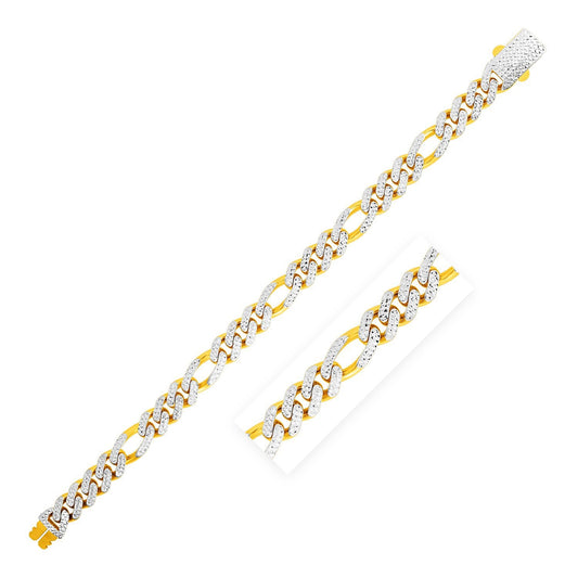 Pulsera Figaro Lite moderna de oro amarillo de 14k con pavé blanco de alto brillo (9.5mm)