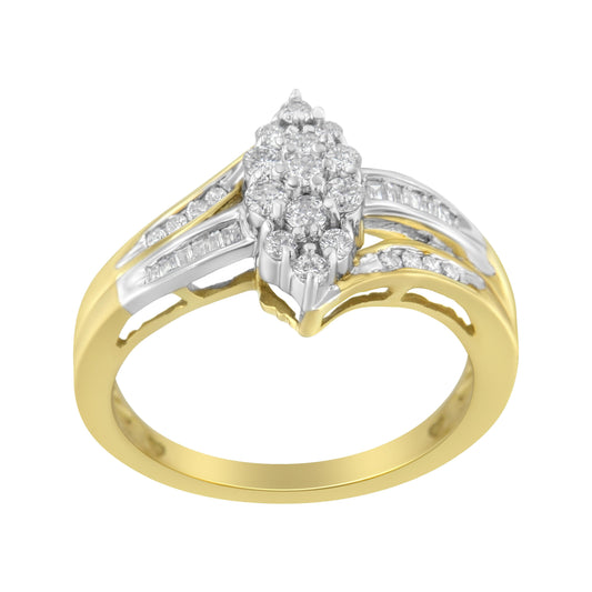 Anillo de racimo con forma de marquesa de diamante de 1/2 quilate de oro amarillo y blanco de 10 quilates con vástago dividido (color H-I, claridad SI2-I1) - Talla 7