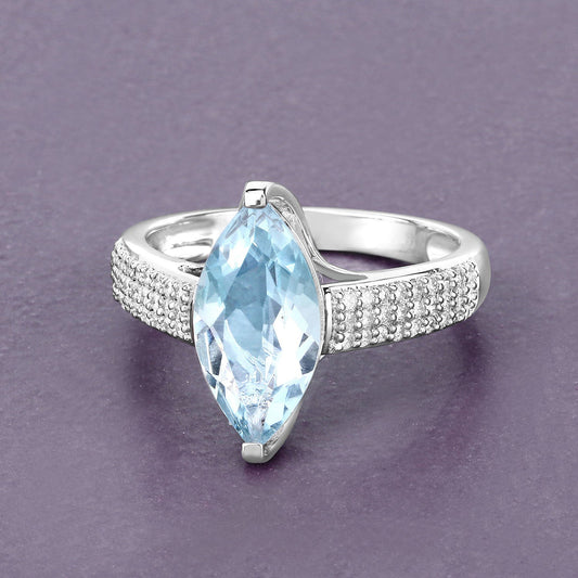Anillo de oro blanco de 14K con aguamarina auténtica de 2.09 quilates y diamantes blancos