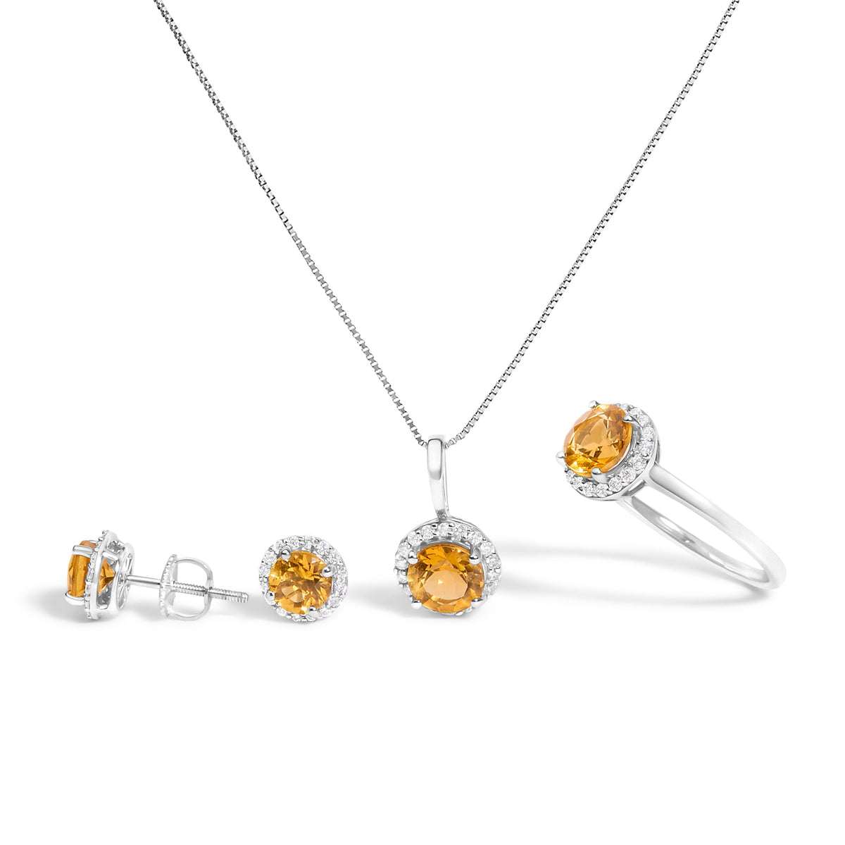 Juego de Joyas de Oro Blanco de 10K con Amatista Morada y Diamantes de 3/8 Cttw en Halo (Pendientes, Colgante y Anillo)