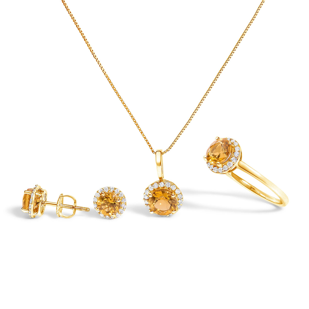 Juego de Joyas de Oro Blanco de 10K con Amatista Morada y Diamantes de 3/8 Cttw en Halo (Pendientes, Colgante y Anillo)