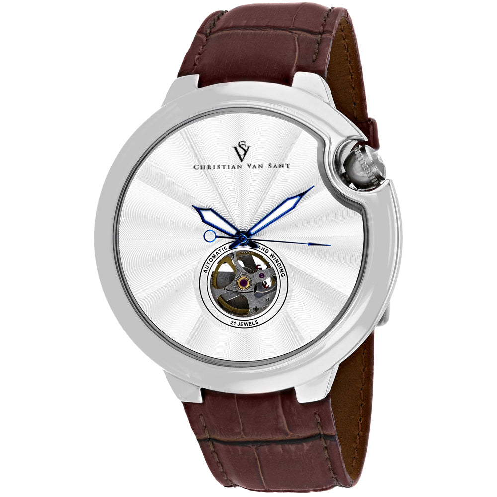 Christian Van Sant Men's Cyclone Automatic Watch 46mm Silver Dial Brown Leather Strap
