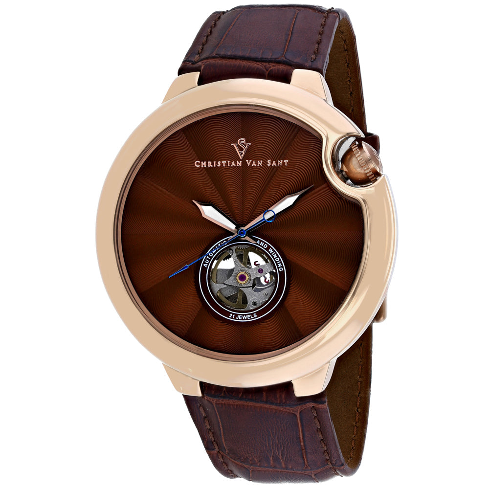 Christian Van Sant Men's Cyclone Automatic Watch 46mm Brown Dial Leather Strap