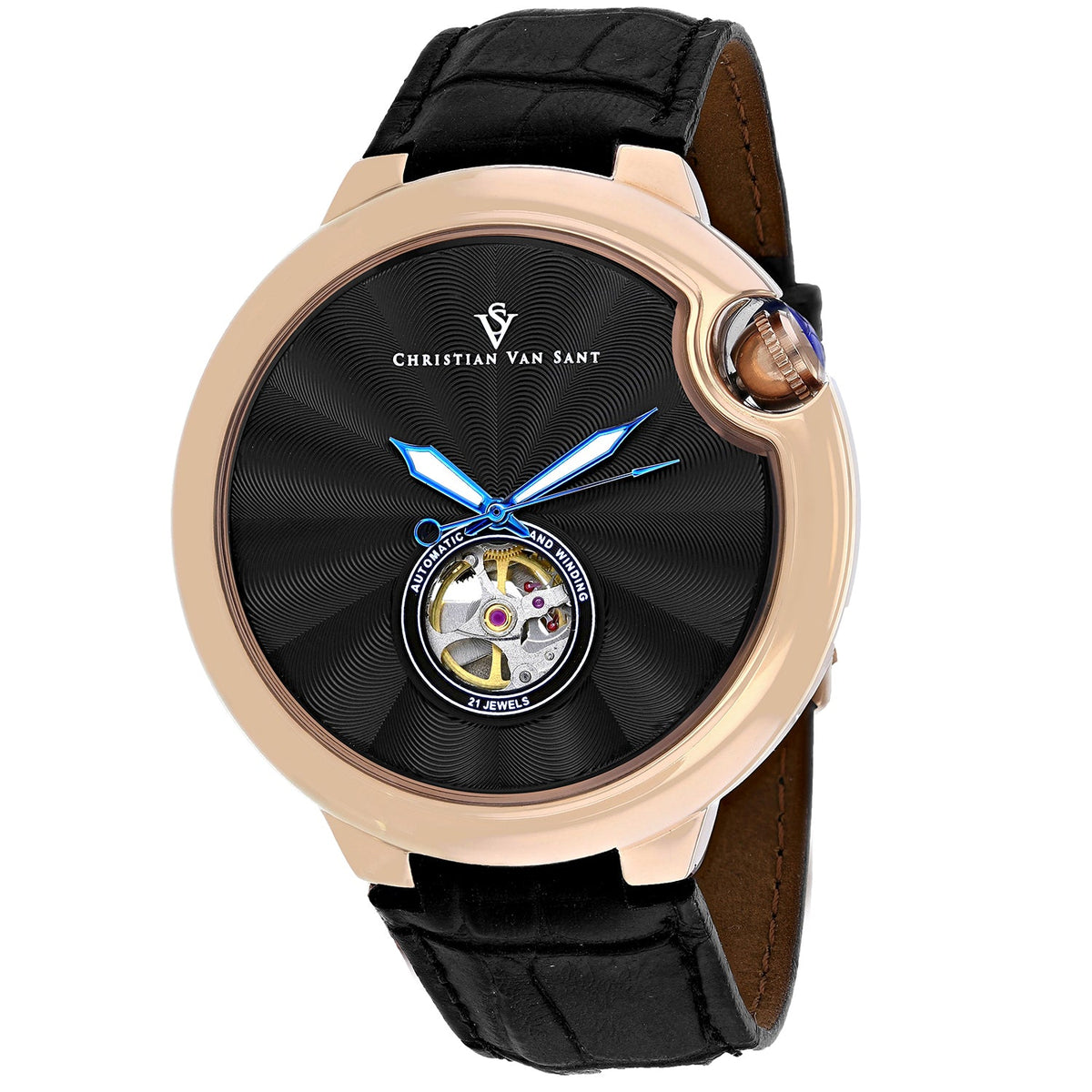Christian Van Sant Men's Cyclone Automatic Watch 46mm Black Dial Leather Strap (Ref. CV0147)