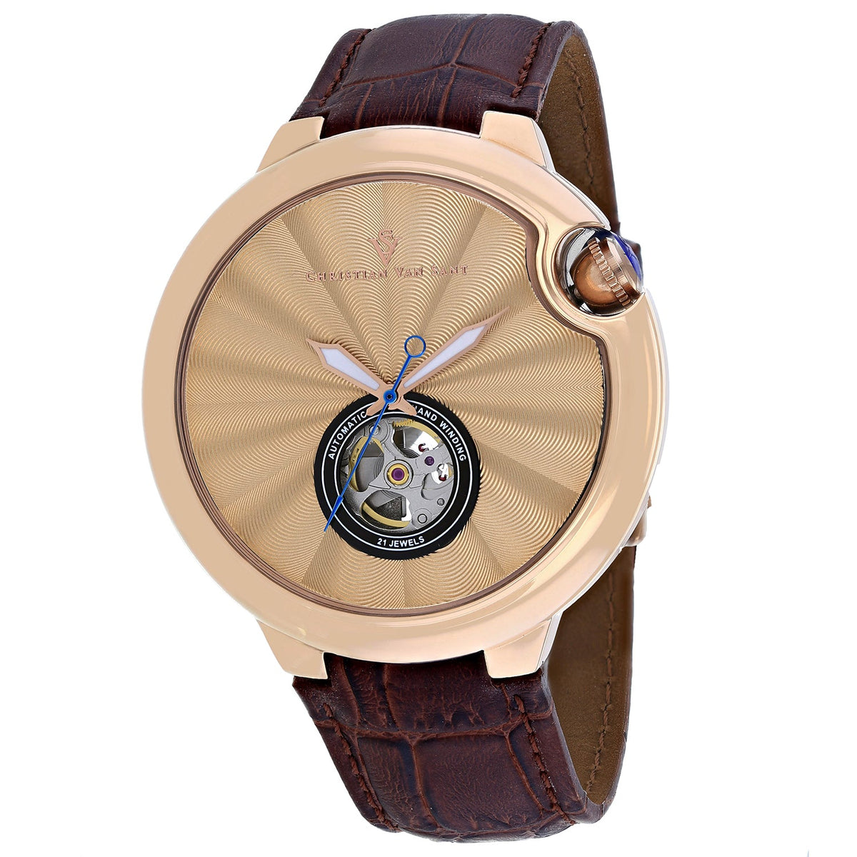Christian Van Sant Men's Cyclone Automatic Watch 46mm Black Dial Brown Leather Strap
