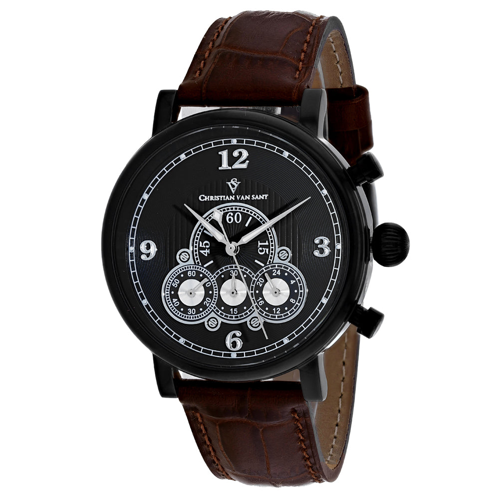 Christian Van Sant Men's Dominion Watch 42mm Black Dial Brown Leather Strap