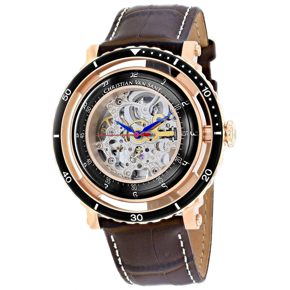 Christian Van Sant Men's Dome Watch 45mm Silver Dial Brown Leather Strap