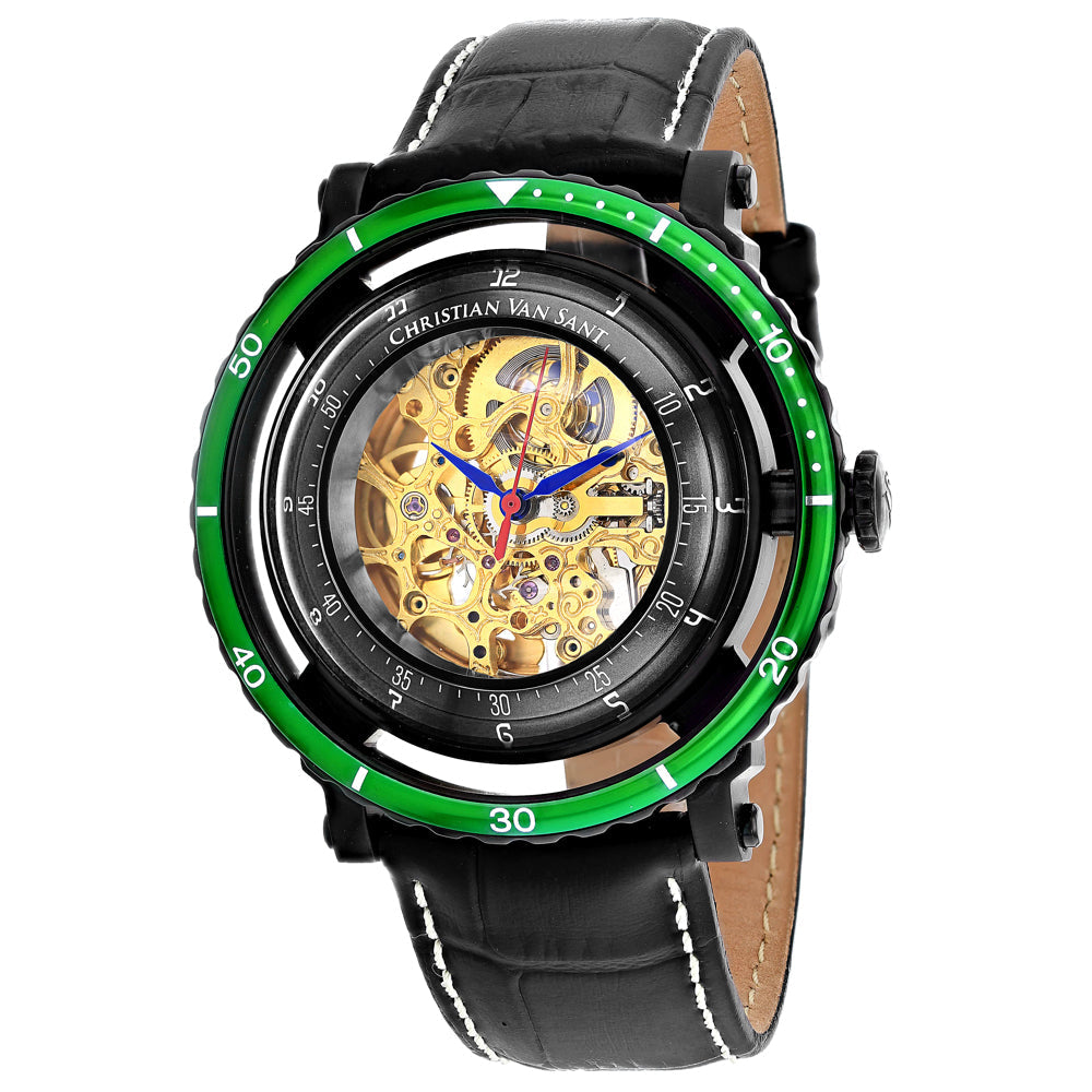 Christian Van Sant Men's Dome Watch 45mm Gold Dial Black Leather Strap (Ref. CV0745)