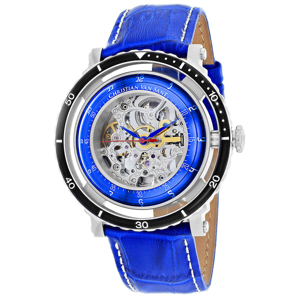 Christian Van Sant Men's Dome Watch 45mm Silver Dial Blue Leather Strap (Ref. CV0748)
