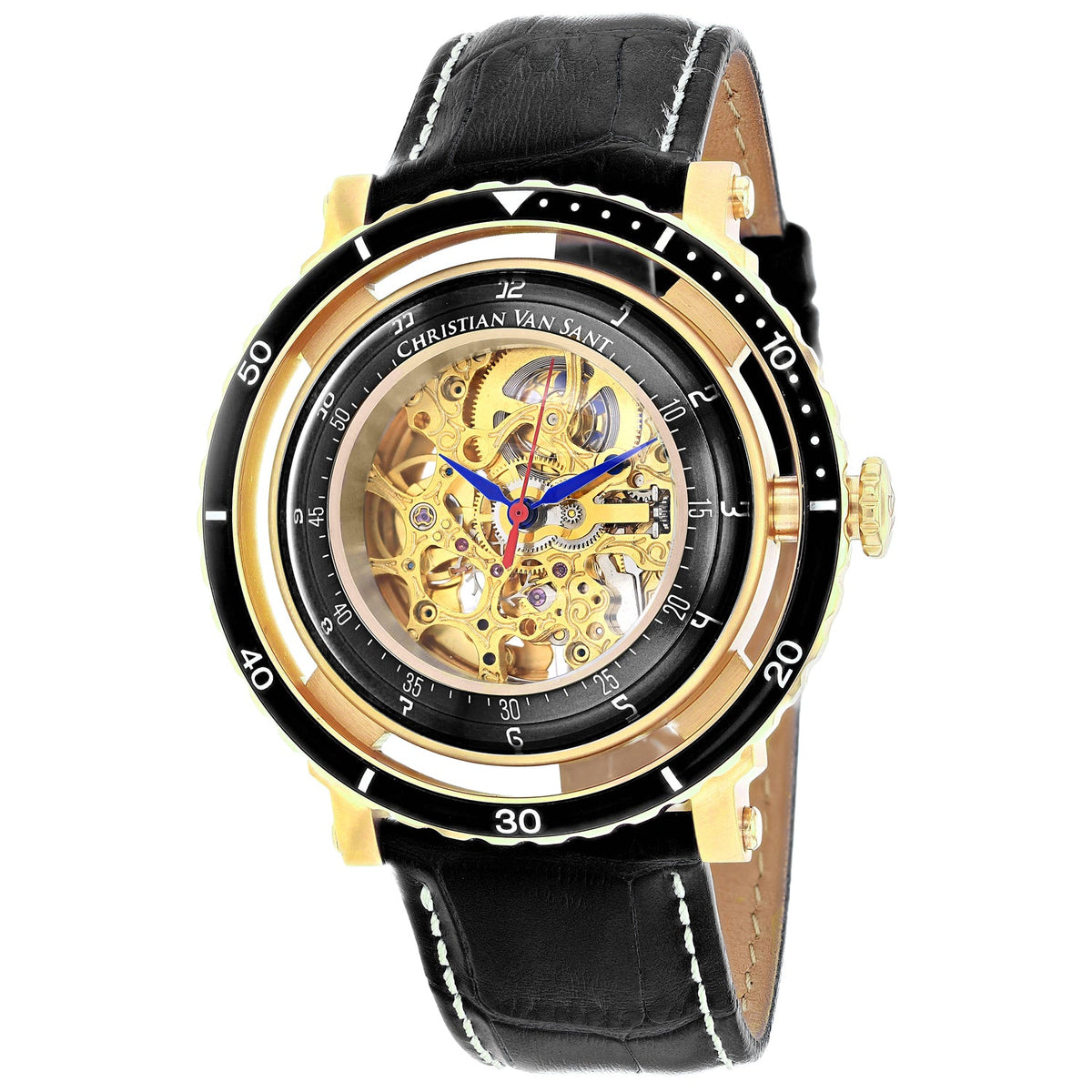 Christian Van Sant Men's Dome Watch 45mm Gold Dial Black Leather Strap (Ref. CV0750)